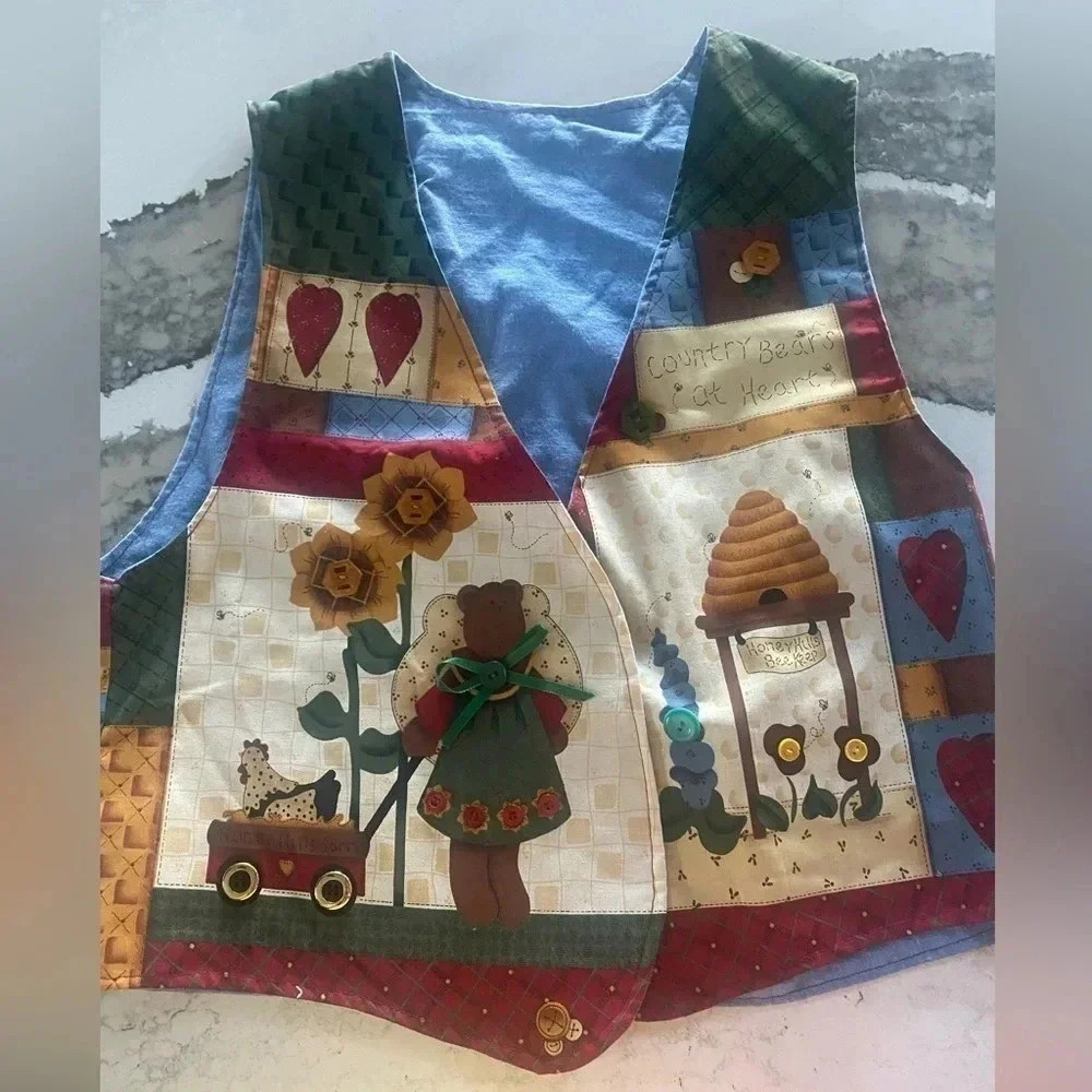 Hand Made Country Style Denim Embroidered Vest Bears Bees Cottagecore Medium
